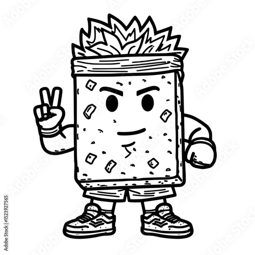 A vibrant, peace-sign-making cartoon figure, wearing sneakers and a headband, embodies the playful and lively y2k hippie vibe, symbolizing modern Tex-Mex food or snacks in a retro style