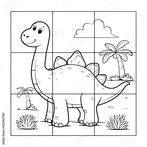 This educational kids game involves cutting out and gluing the parts of a cartoon stegosaurus dinosaur, set in a jungle forest, to complete a fun puzzle quiz on a modern worksheet