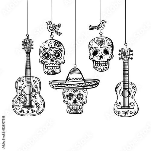 A banner for Mexico's Dia de Los Muertos features modern calavera skulls and a sombrero, along with a Mexican guitar, maracas, candles, flowers, and birds in an ethnic ornament for the Day of the