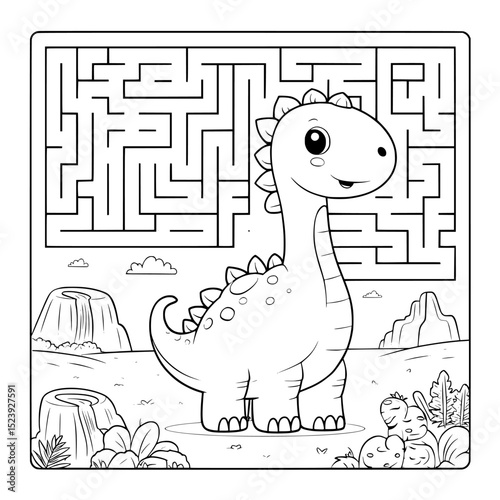 This modern worksheet features a kids' labyrinth maze game with a prehistoric dinosaur character, including a wuerhosaurus dino silhouette, a maze puzzle quiz, and a scenic prehistoric waterfall