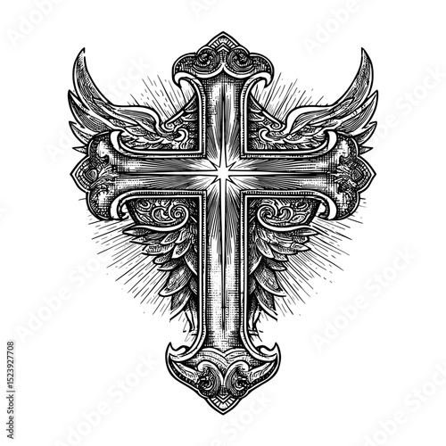 A modern black and white Christianity symbol is illustrated, incorporating a cross tattoo with angel wings and a radiant star at its center, finished with intricate gothic tribal details