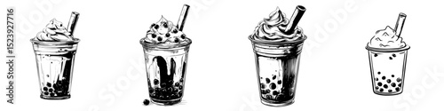 A transparent takeaway cup holds a modern Asian beverage consisting of cartoon milk bubble tea, black tapioca pearls, and a green straw, topped with whipped cream and a layered texture