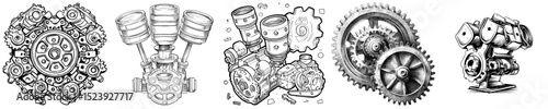 Icon of engine pistons and gear wheel or cogwheel representing car auto spare parts, symbolizing a modern badge for the automotive industry