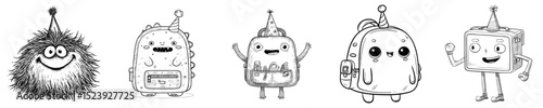 A cartoon character depicting a groovy school backpack wearing a party hat, is shown as a modern retro stationery personage with a friendly face and playful expression, ready for a children's
