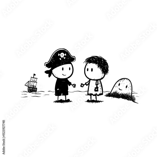 The stickers pack contains cartoon characters of pirates and corsairs, including a captain, boatswain, and swashbuckler, combined with modern funny patches of rovers and Halloween-themed characters