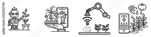 Modern linear sign representing automated watering system with mobile control, robot farm, and sustainable agriculture farming technology, including smart watering icon and precision hydration app