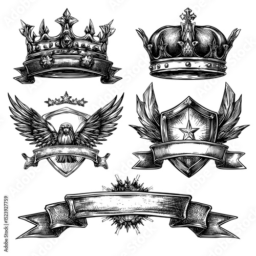 Cartoon gold crowns, stars, and wings icons are used for game winner awards, represented by trophy or prize symbols, and accompanied by champion victory shield badges