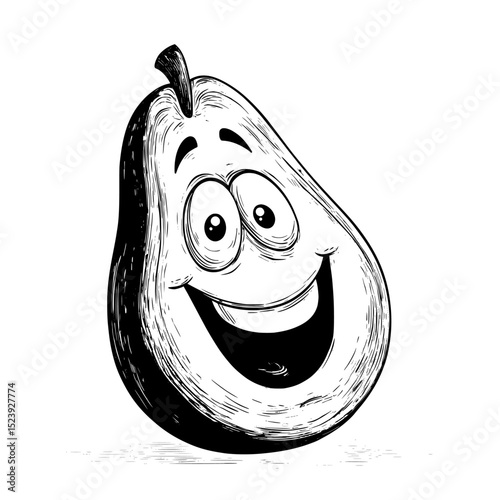 A groovy and cheerful character is illustrated by an avocado half containing a seed, representing a modern person who adheres to a nutrition plan emphasizing fresh plants and green avocados, while