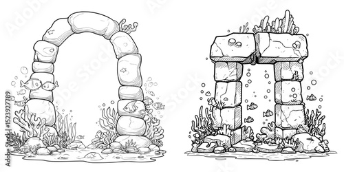 The entrance to a fantasy marine world is represented by a modern stone arch adorned with seaweeds, corals, fish, and water bubbles, forming an underwater portal in a game