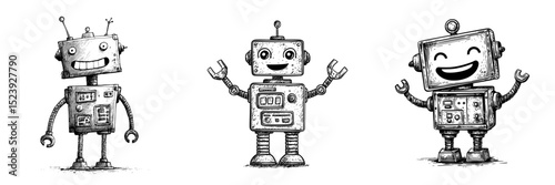 A groovy cartoon robot from the retro era, featuring a humorous face, is depicted as a modern space android, while another robot, possibly an alien cyborg, exhibits a cheerful smile and has