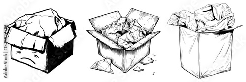 The cartoon illustration shows a damaged cardboard box, as well as a crumpled shipping parcel that is broken, ripped, and crushed, with the addition of a modern cargo box that is isolated