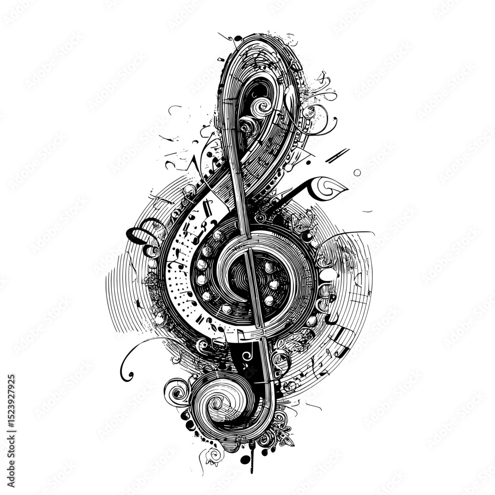 Fototapeta premium A song's musical wave incorporates treble notes and a clef symbol, while its symphony and harmony generate sound waves, evoking the classic music of an orchestra, which swirls against a modern and