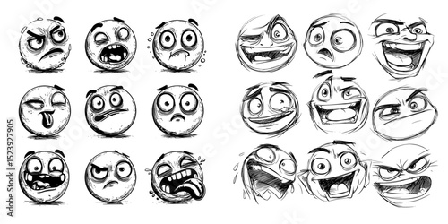 Modern smile emojis characters, including happy, scared, and confused facial expressions, are part of a cartoon funny face emotions stickers pack that also features cute face emotion characters