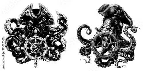 A cartoon modern red sea octopus, dressed as a pirate in a captain hat, is wrapped around a golden compass with a blue gemstone, creating a heraldic emblem that represents fantasy and adventure