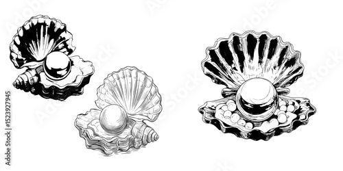 A whimsical underwater scene features a cartoon pearl shell, oyster, and scallop seashell containing a large pearl, accompanied by a modern purple conch and a luxurious pink pearl