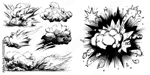 A bomb explosion power and blast set is available, complete with dust and steam air motion trails, comic boom effects, and white smoke clouds