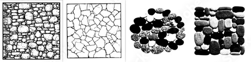A background featuring a mosaic pattern of pebbles and gravel with a rock texture is shown, along with modern seamless tiles for walls, floors, and paving that have geometric mosaics made from