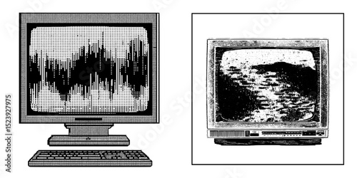 The background of a TV or CRT monitor display features a modern pattern with an LED grid mesh and a screen of lines