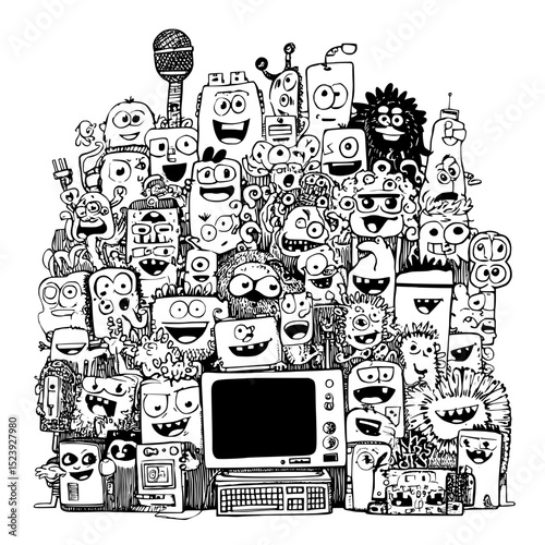 Groovy cartoon characters represent computer devices, including laptops, pc gadgets, and electronic equipment, blended with modern psychedelic elements like desktop keyboards and monitors