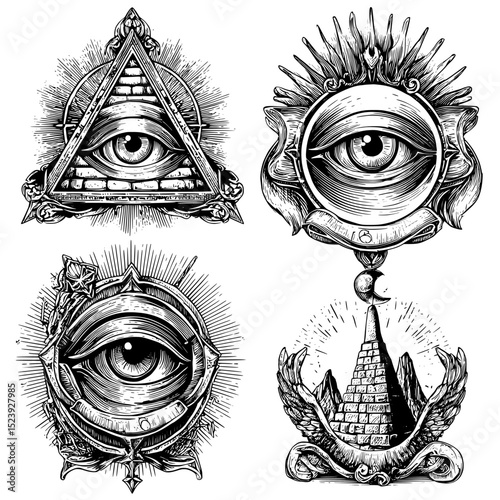 Magical patterns and modern symbols are characteristic of esoteric sacred geometry, astrology, and mystic Tarot signs, often used in occult practices