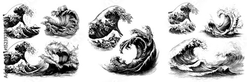 Modern oriental art featuring Asian Japanese or Chinese sea waves with a vintage twist, incorporating ocean and sea water flow texture, blue line splashes, and a tsunami surf pattern with water