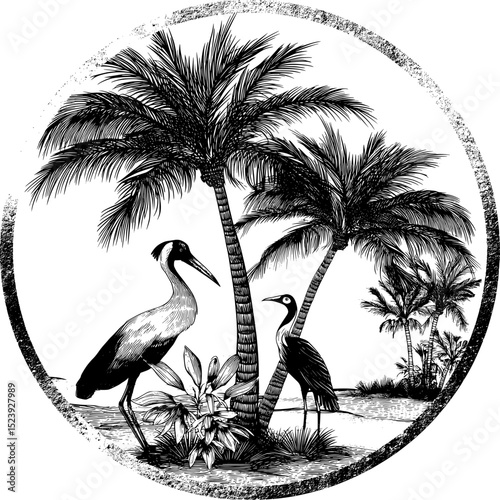 A modern emblem featuring a tropical palm tree, stork or heron birds, and a golden arch, symbolizing a summer beach resort or hotel and SPA salon in a paradise island like Hawaii, perfect for an