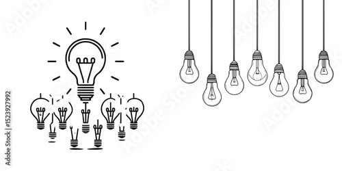 Modern electric energy lamps and lightbulbs isolated outline symbols represent creative solution, idea, innovation and inspiration concept through thin line glowing light bulbs signs