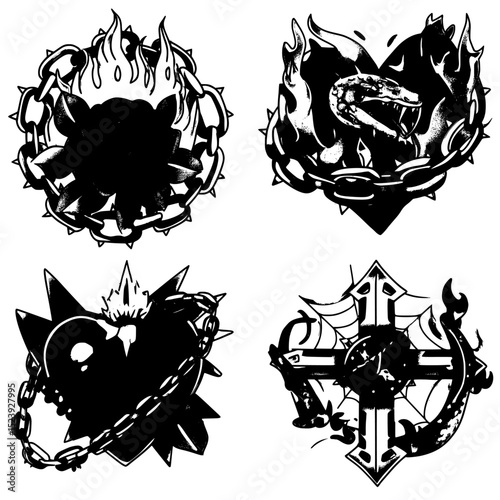 A set of Y2K-inspired tattoos combines tribal elements with abstract and gothic art, incorporating fire flames and modern stickers, and offers various designs including barbed chains with roses,