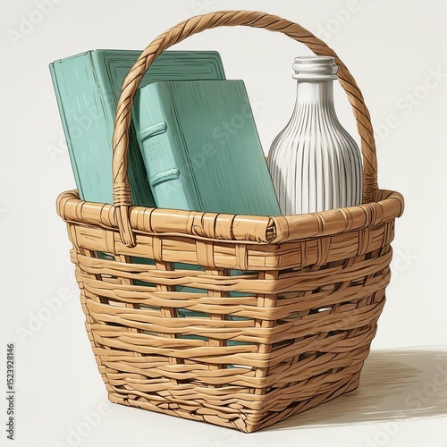Digital Illustration of a Wicker Basket with Books and a Ceramic Bottle