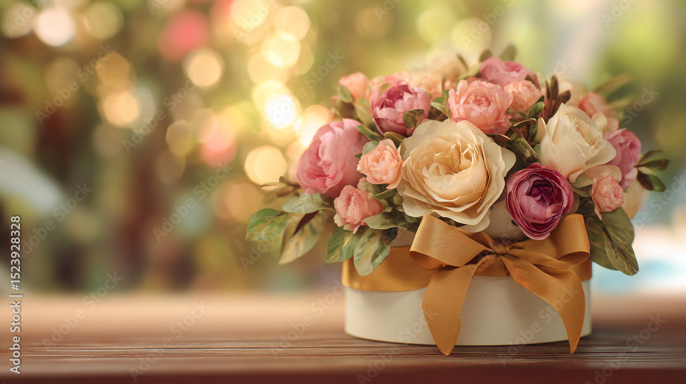 Obraz premium A floral arrangement in a white box with a gold ribbon on a wooden surface with a blurred background