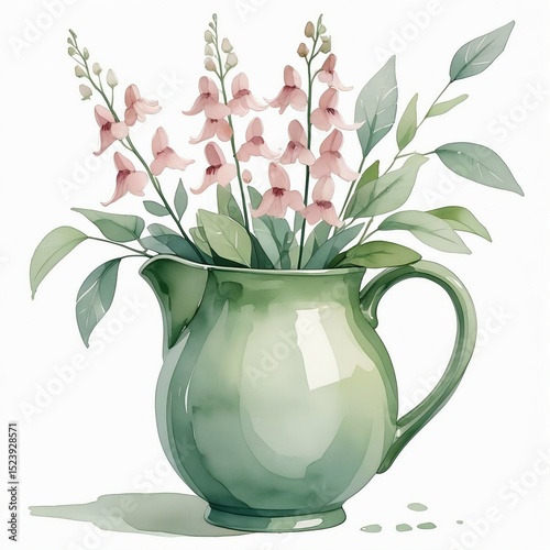Watercolor painting of a delicate flower vase with pink blossoms and green leaves, floral arrangement, botanical art, home decor, spring, summer, elegance, beauty, still life, floral decor, art