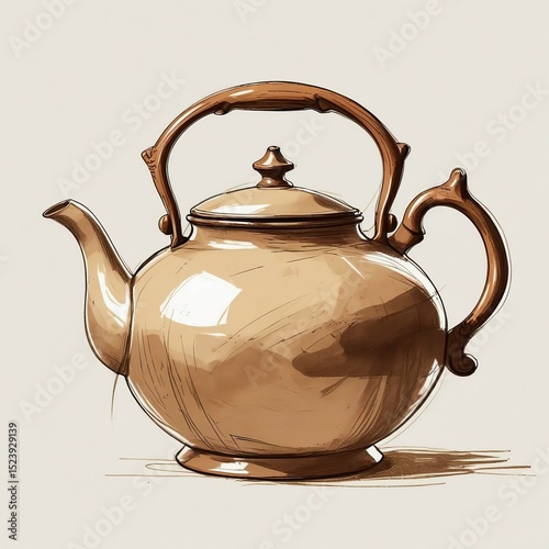 Vintage-style teapot illustration, hand-drawn, watercolor effect, classic kitchenware, tea time, rustic, cozy, kitchen decor, beverage, hot drink, retro, art, still life, home, object