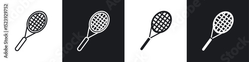 Racquet icons collection in black and white filled and line versions