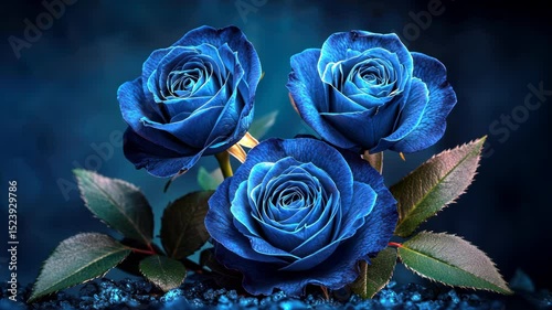 Three vibrant blue roses, meticulously detailed, rest on a bed of dark blue crystals, their lush green leaves adding contrast against a deep blue background