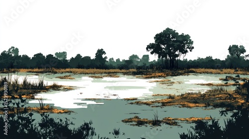 A stylized landscape of a marsh