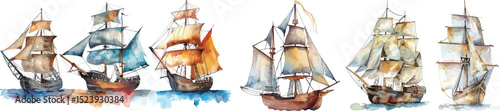 Sailing Ships Watercolor Vector Illustration on White Background.