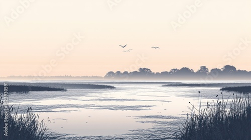 Misty dawn over a tranquil waterway