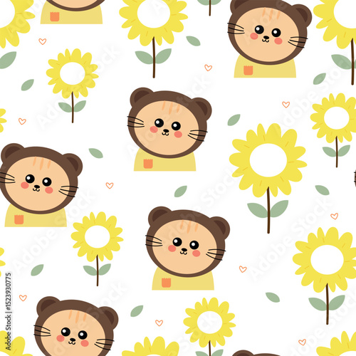 Seamless pattern cute cartoon cat in bear costume and yellow flowers spring. cute animal drawing for spring wallpaper and background