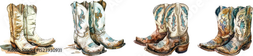 Cowboy Boots, Watercolor Vector Illustration Isolated on White Background