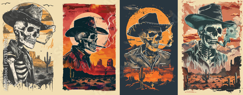 Cowboy Skeleton Vector Illustration Set