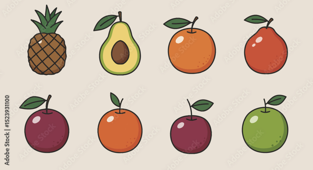 Vibrant Fruit Animation A Delightful Collection of Pineapple, Avocado, Orange, Pear, and Apple Illustrations Vibrant Fruit Animation A Delightful Collection of Pineapple, Avocado, Orange, Pear, and Apple Illustrations