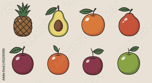 Vibrant Fruit Animation A Delightful Collection of Pineapple, Avocado, Orange, Pear, and Apple Illustrations
