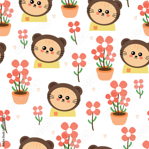 Seamless pattern cute cartoon cat in bear costume and pink flowers spring. cute animal drawing for spring wallpaper and background
