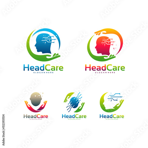 Set of Head Care logo designs concept, Brain Care logo, Head Technology Logo designs vector