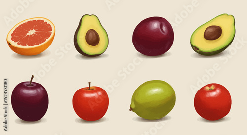 Vibrant Fruit Animation A Collection of Deliciously Illustrated Apples, Avocados, Plums, and Grapefruits