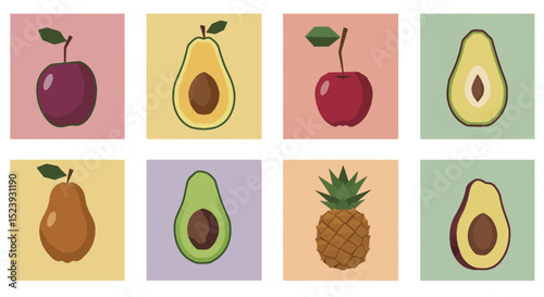Vibrant Fruit Animation A Collection of Appealing Apple, Avocado, Pear, and Pineapple Illustrations