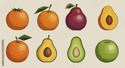 Vibrant Fruit Animation A Collection of Hand-Drawn Oranges, Avocados, and Pears for Your Next Project