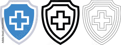 Shield icons representing healthcare protection medical symbolization and safety with three different styles