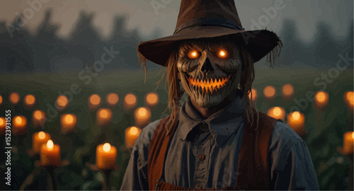 A scarecrow wearing a hat and displaying a scary face stands in a candle-lit field, creating an eerie atmosphere.  