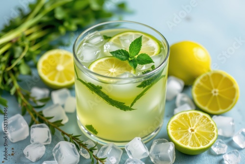 a cold herbal drink made from lemongrass and lime, surrounded by crushed ice and herb sprigs, refreshing and fat reducing summer beverage